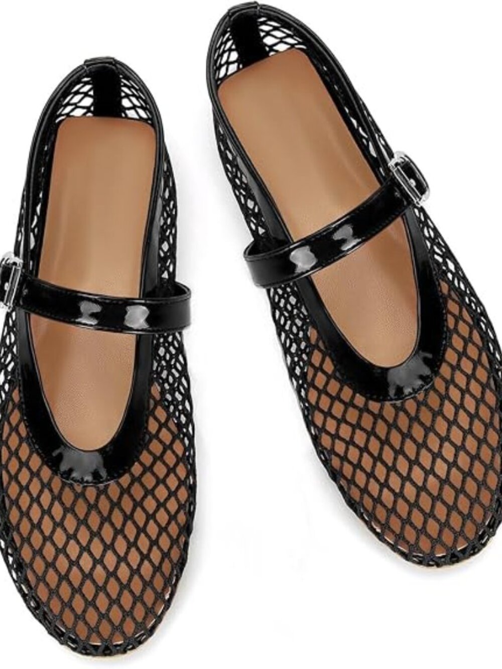 Mesh Ballet Flats for Women Buckle Strap Comfy Casual Office Fishnet Ballerina